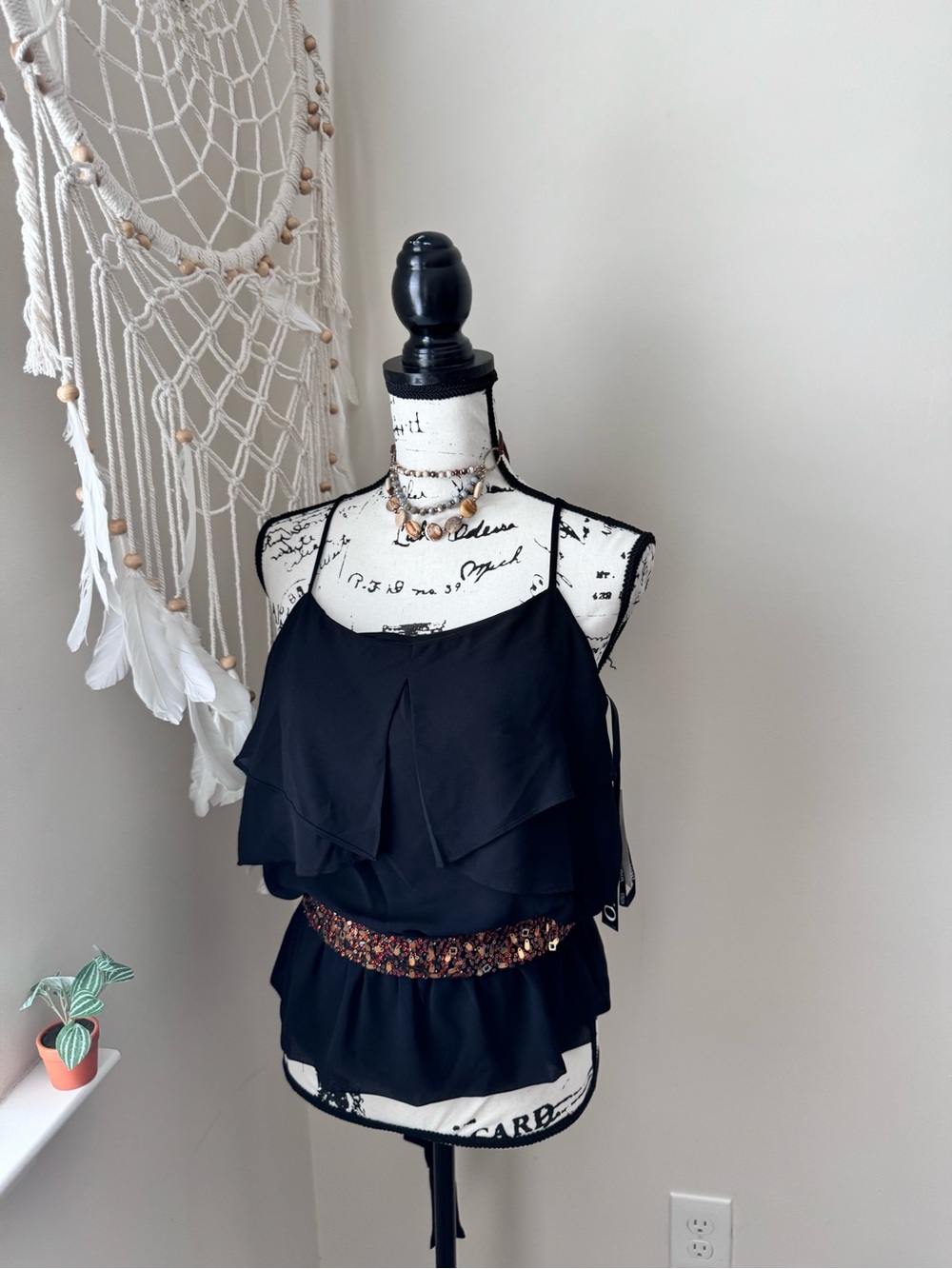 Black Layered Ruffle Tank Top with Embellished Waist tie